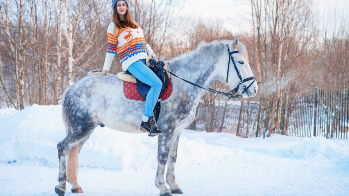 Young beautiful woman in winter with beautiful white horse.